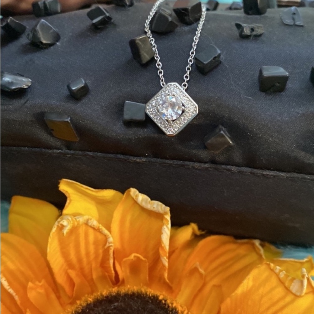 Diamond Solitaire Simulate & Micro Pave Encased Necklace Silver Chain NEW - Picture 1 of 7